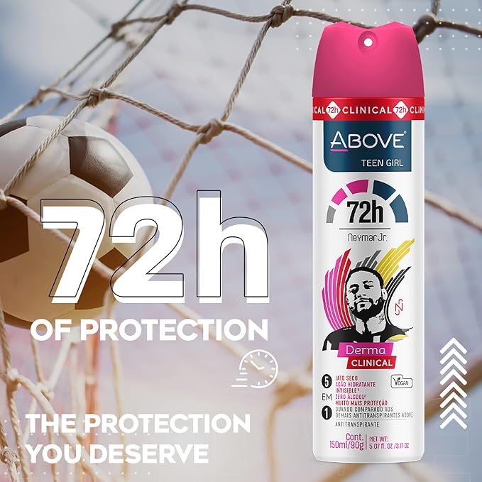 ABOVE Neymar Jr Teen Girl - 72 Hours Derma Clinical Antiperspirant Deodorant Spray - Notes of Red Fruits, Vanilla, and Fig Leaves - Moisturizing Action - Protects Underarms - 3.17 oz (Pack of 2)