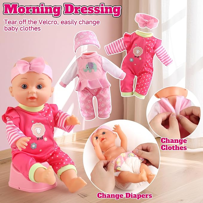 Baby Doll Stroller Set for Toddler Girls 3-5, A 12.5" Babydoll with Baby Doll Accessories, Pillow, Blanket & 2 Sets Clothes, Doll Toy Stroller for Kids, Gifts 3 4 5 Year Old Girls Toys