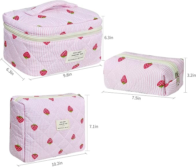 GISMTR 3Pcs Makeup Bag Cotton Quilted Travel Cosmetic Bag Cute Floral Makeup Pouch Large Toiletry Bag for Women Girls