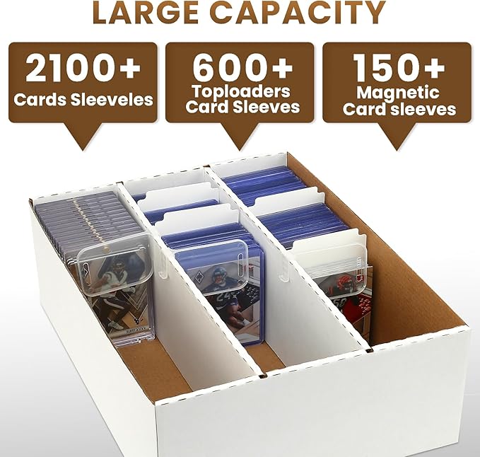 Trading Card Storage Box,3-Row 2100-Count PKMN Card Boxes For Sports Cards–Includes 50 Soft Sleeves,8 Dividers,3 Support Bars,Case Box Fit for 35pt Magnetic Card Holders,3x4 toploaders(1PACK)