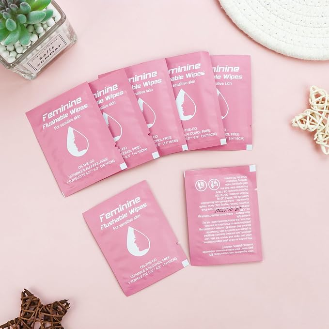 twoworld 100 Feminine Wipes Flushable Travel Individually Wrapped | Travel Wipes for Women,Feminine Care Wet Wipes Travel Size Vaginal Wipes for Adult,Girl and Homeless(Chamomile)