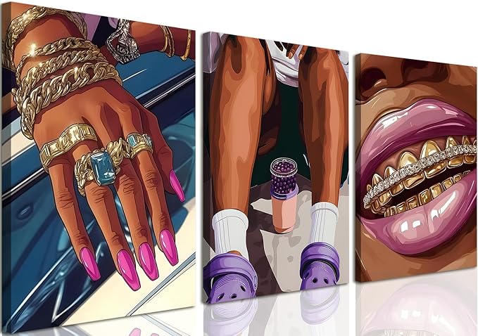 Framed Black Girl Wall Art Set of 3, Trendy Hip Hop Black Woman Wall Decor Paintings, Fashion African American Pictures Canvas Prints for Home Living Room Girly Bedroom 16x24 inch