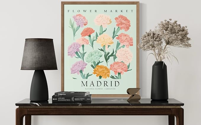 Spain Flower Market Art Print Poster, Wall Art Floral Painting Botanical Decor for Bedroom, Kitchen, Bathroom Livingroom Decoration 82B (Spain, 10"L x 8"W, Wood Frame)