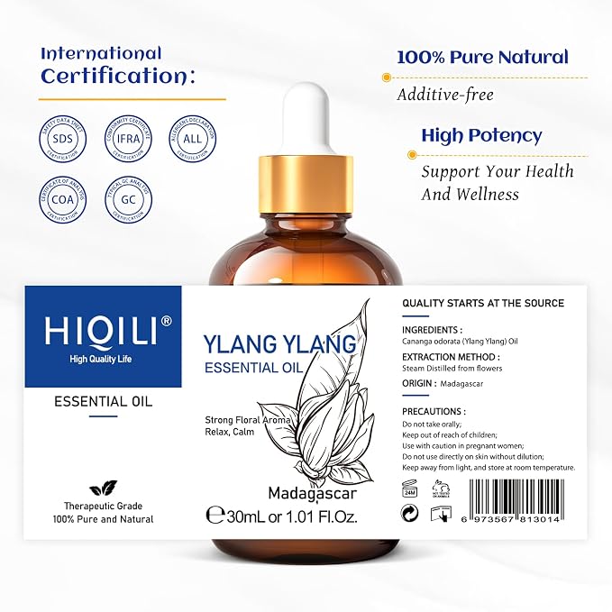 HIQILI Ylang-Ylang Essential Oil for Diffuser, Aromatherapy, Perfumes | Long-Lasting Scent to Keeping Your Space Fresh Makes Body Feel Calm and Relaxedand and Used for DIY - 30ml / 1.01 fl oz