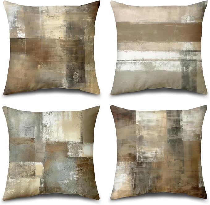 Set of 4 Abstract Throw Pillow Covers 18x18 Brown Tan Gray | Taupe Modern Abstract Art Decorative Cushion Covers, Neutral Pillow Cases for Sofa Couch Bedroom Living Room