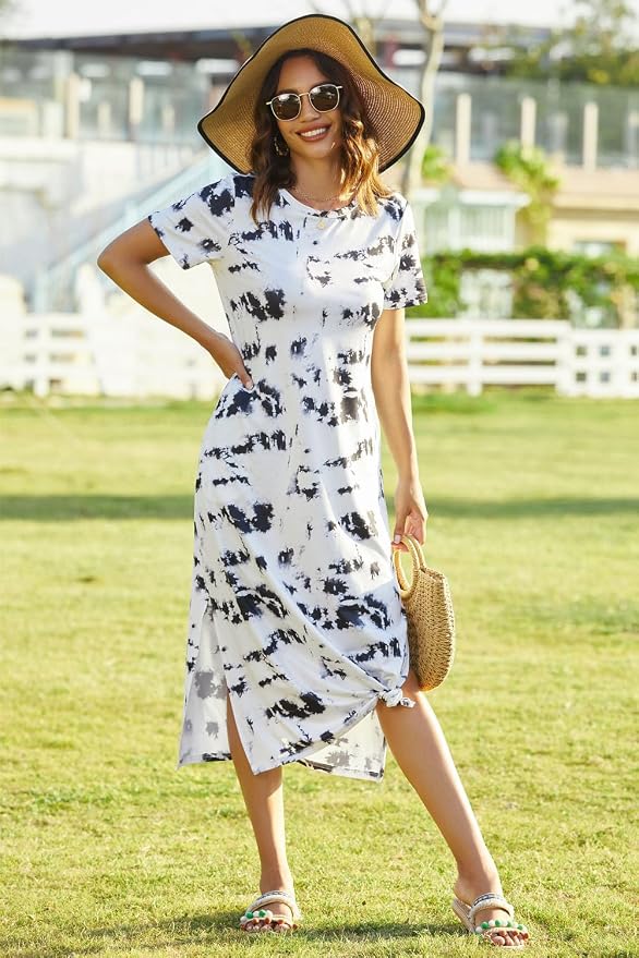 Naggoo Women's Casual T Shirt Midi Dress with Side Slit and Pockets