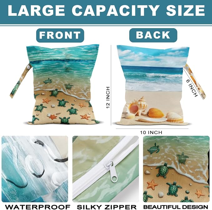 2Pcs Wet Bag, Wet Dry Bag Reusable with Zipper, Travel, Beach, Pool, Diapers, Baby Clothes, Dirty Yoga Gym Clothes, Makeup Bag, Waterproof Wetdry Packing, Seashell Sea Turtle Decor (12x10 Inch)