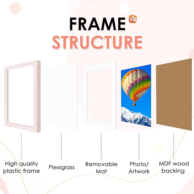 FIXSMITH 8.5x11 Picture Frame Set of 2, Pink Photo Frame with HD Plexiglass, Display Pictures 6x8 with Mat or 8.5x11 Without Mat, Black Picture Frames Collage Wall Decor, Gallery Wall Frame