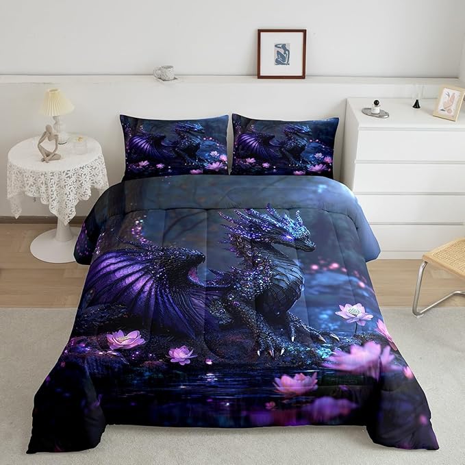 Feelyou Dragon Comforter Set Full Size Dragon Stuff Comforter for Boys Girls Teens Wild Life Bedding Set Flower Duvet Set Room Decor Black Purple Quilt Set