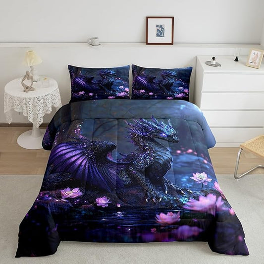 Feelyou Dragon Comforter Set Twin Size Dragon Stuff Comforter for Boys Girls Teens Wild Life Bedding Set Flower Duvet Set Room Decor Black Purple Quilt Set