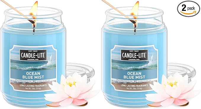 CANDLE-LITE Scented Ocean Blue Mist Fragrance, One 18 oz. Single-Wick Aromatherapy Candle with 110 Hours of Burn Time, Light Color (Individual Box) (Pack of 2)