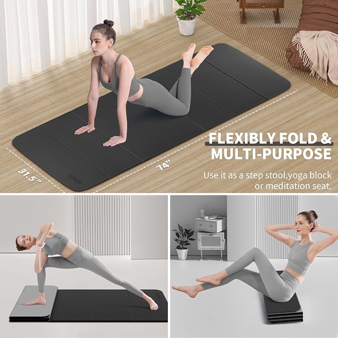 Foldable Extra Large Yoga Mat 74"×31.5", 8mm Double-Sided Non Slip Lightweight Fitness Mat for Man & Woman, Portable for Home Studio & Travel