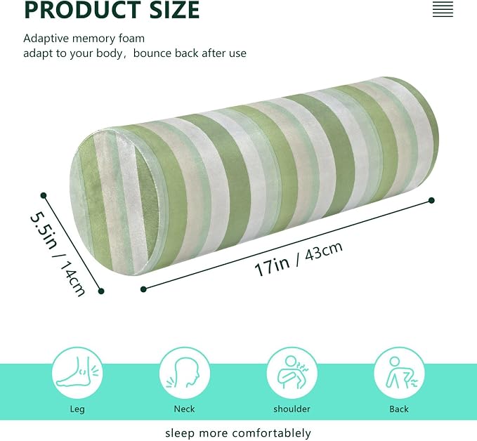 Bolster Pillows for Bed Cylinder Neck Roll Pillow Round Pillow Cases Long Cylinder Pillow Memory Foam Back Support LightGreen Stripe