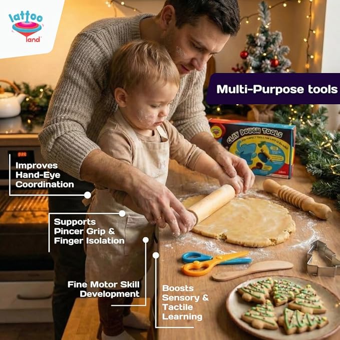 Lattooland Dough Tools Set of 5 - Sculpting Tools to Roll, Cut, Flatten | Wooden Rollers & Knife | Child-Safe Scissor | Pretend Play Kitchen | Clay Mould for Kids Ages 2-7 | Art & Craft