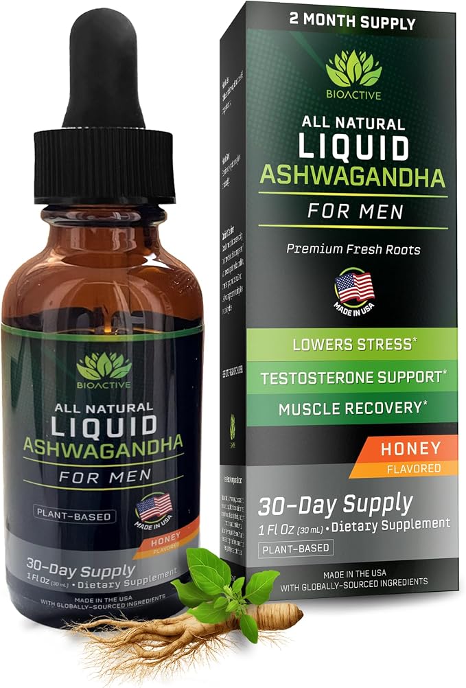 BIOACTIVE Liquid Ashwagandha Drops - Testosterone Health Supplement* - Adaptogen for Stress Support, Men’s Wellness - Organic, Vegetarian, Gluten Free, Non-GMO, 59 Servings (1 Oz, Honey)