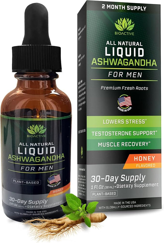 BIOACTIVE Liquid Ashwagandha Drops - Testosterone Health Supplement* - Adaptogen for Stress Support, Men’s Wellness - Organic, Vegetarian, Gluten Free, Non-GMO, 59 Servings (1 Oz, Honey)