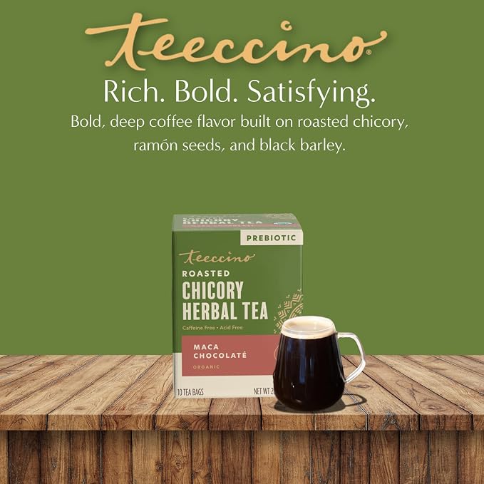 Teeccino Maca Chocolaté Herbal Tea - 10 Tea Bags - Rich & Roasted Herbal Tea That’s Caffeine Free & Prebiotic with Natural Energy from Adaptogenic Peruvian Maca, (Pack of 6)