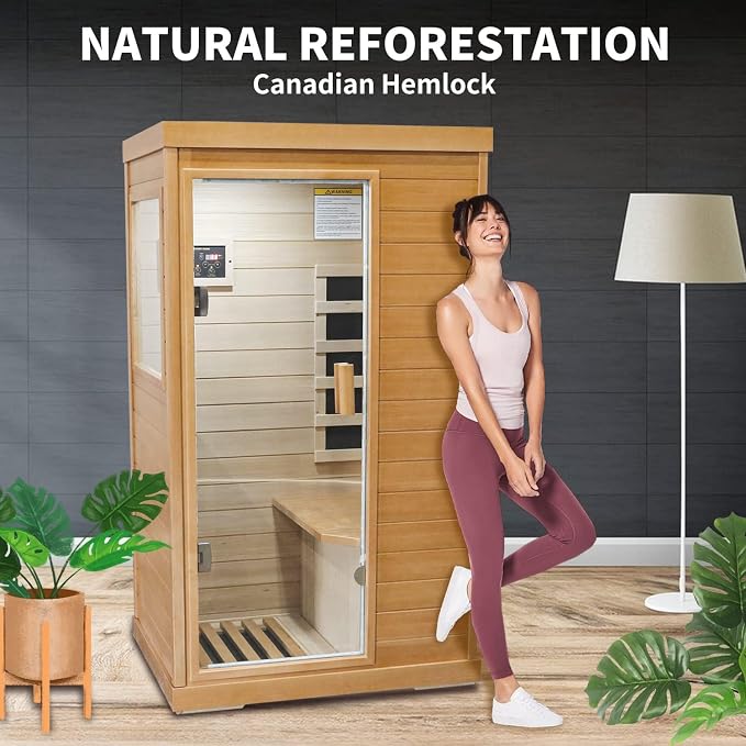 Far Infrared Sauna 1 Person Saunas for Home Spa Low EMF Dry Sauna | Canadian Hemlock Wood Indoor Sauna with Tempered Glass Door, Speaker, Reading Light, Easy Assembly, 1200W, 61.61*35.24*27.56"