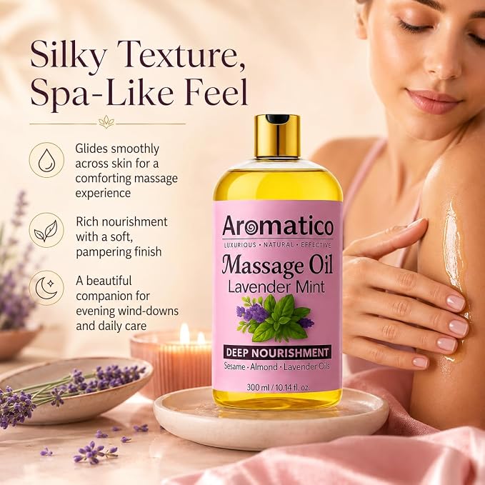 Aromatico Massage Oil with Lavender & Mint Essential Oils, Sesame, Almond & Jojoba Oils Blend, Lightweight Body Massage Oil, 10 Fl Oz