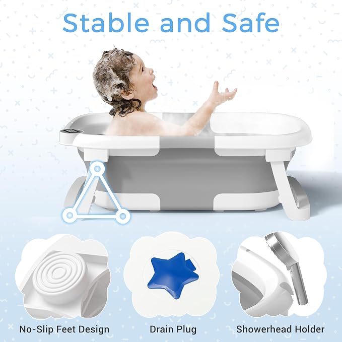 BUNWAG Classic Baby Bathtub, Infant Bath Tub for Newborn to Toddler (0–12 Months),Collapsible Newborn Bathtub with Soft Cushion and Non-Slip Feet, Foldable Travel Bathtub for Easy Storage