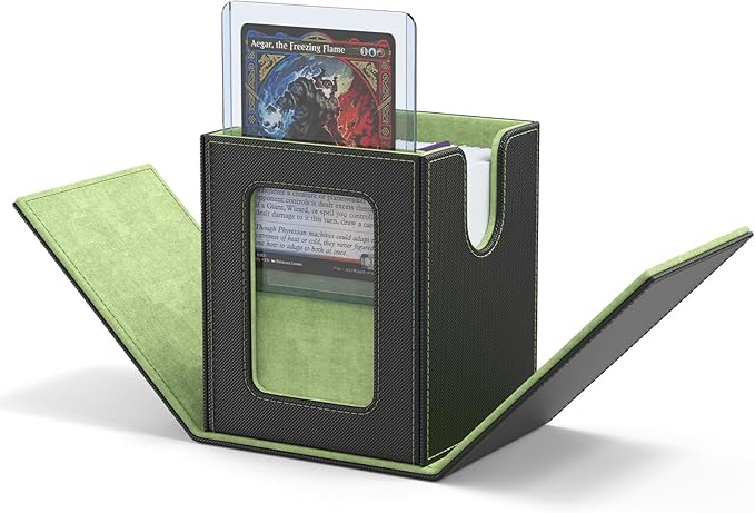 ZLCA MTG Deck Box with Commander Window Display, Trading Card Storage Box Holds 100 Double-Sleeved Cards Suitable for TCG/CCG/PTCG/EDH/Magic/Sport Cards (Black&Green)