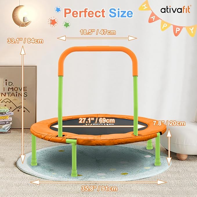 ATIVAFIT 36-Inch Toddler Trampoline with Foam Handle, Foldable Indoor Outdoor Mini Rebounder for Kids Ages 2–6