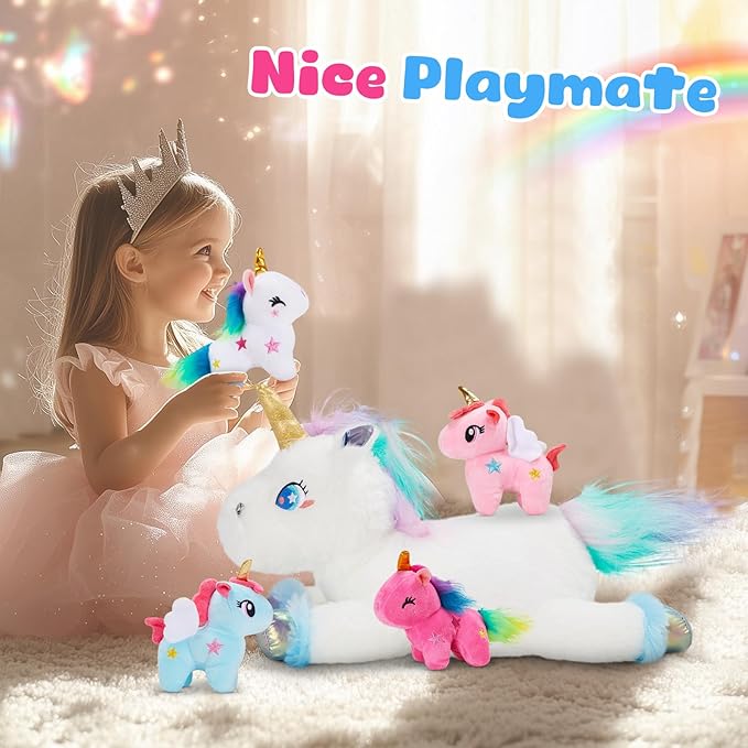 WEWILL 19'' Rainbow Unicorn Stuffed Animal, Mommy Unicorn with 4 Babies Unicorn, Magical Unicorn Pillow Plushies for Girls Ages 3-8, Unicorns Plush Toys for Christmas, Valentine's, Birthday Gifts