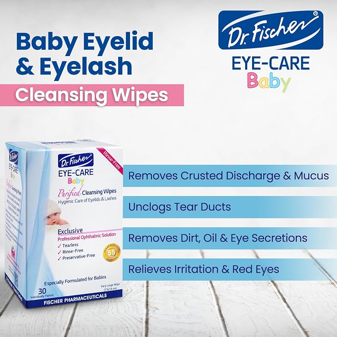Dr. Fischer Baby Eye Wipes for Newborns & Toddlers - Sterile Eyelid Cleansing Wipes for Clogged Tear Ducts, Stye & Pink Eye - Tear Free, Hypoallergenic, Rinse Free - Pediatrician Recommended