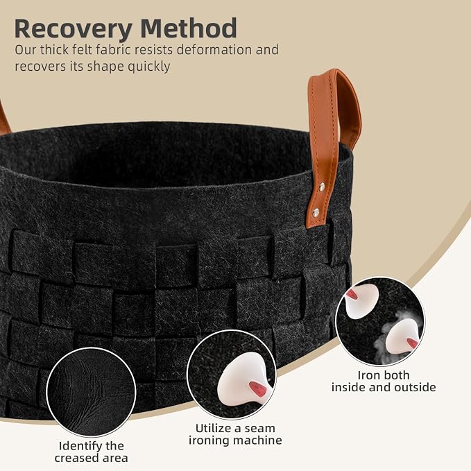 Laundry Basket 20 " x20 x11.8 , Large Round Blanket Basket with Leather Handle, Felt Storage Basket for Living Room, Nursery, Dog Toys-Dark Gray