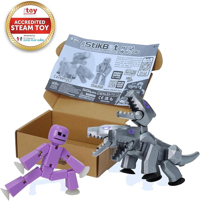 Zing StikBot & Mega Monster Stop-Motion Animation Pack – Exclusive Lavender Purple StikBot + Silver Cerberus Figure, Creative Toy for Kids Age 4+