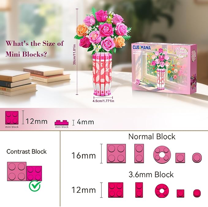 Romantic Pink Roses Bouquet Building Set with Vase & LED Light, 845PCS Flowers Botanical 3.6MM Mini Building Blocks Toys, Gifts for for Her, Artificial Flowers for Office Home Decor & Display