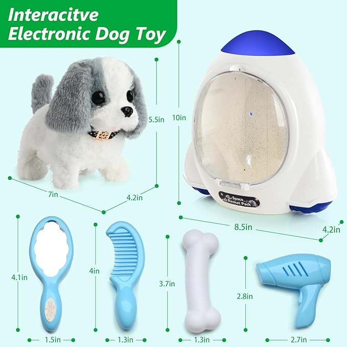 Electronic Interactive Plush Puppy - Battery Operated Mechanical Walking Little Pet Dog with a Cute Bag, Barking, Tail Wagging, Stretching Companion Animal for Toddlers & Kids (Grey)