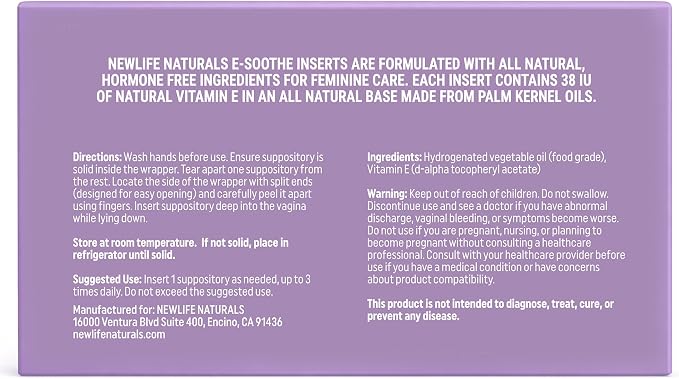 NewLife Naturals Vitamin E Vaginal Suppositories 38IU ESoothe - Moisture & Hydration Support - All Natural Estrogen Free Feminine Care - 24 Inserts