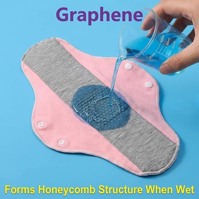 Graphene Reusable Incontinence Pads (6 Pack) - Washable Cloth Menstrual Pads for Heavy Flow, Leakproof Overnight Postpartum Pads for Women & Elderly, Odor Control & High Absorbency (Assorted Colors)