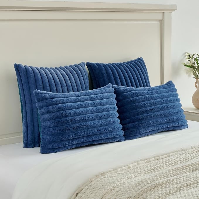 FUTEI Pack of 2 Faux Fur Throw Pillow Covers 18x18 Inch, Navy Blue | Fluffy Faux Rabbit Fur Front/Premium Velvet Back,Hidden Zipper,Machine Washable,Non-Shedding,Colorfast,Insert Not Included.