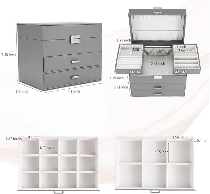 Jewelry Organizer Box, Large Jewelry Boxes for Women Girls, Space-Saving 4 Layers Jewelry Storage Case with Drawer, Movable Metal Stand, Modern, Gift Idea (Grey)