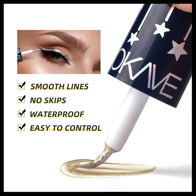 Glitter Liquid Eyeliner Colorful Set, 5 Colors Metallic Shimmer White Silver Gold Rose Eyeliner Waterproof Long Lasting Sparkle Glitter Liquid Eyeshadow Dazzling Valentine's Day Eye Makeup for Women