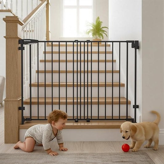 Mumeasy 29.5-43.3" Baby Gate for Stairs, No Bottom Bar Dog Gate with Removable Door & Slide-Adjust Drill Mount, Extra Wide Stairway & Hallway Walk Thru Pet Safety Gate for Doorways, Kitchen (Black)