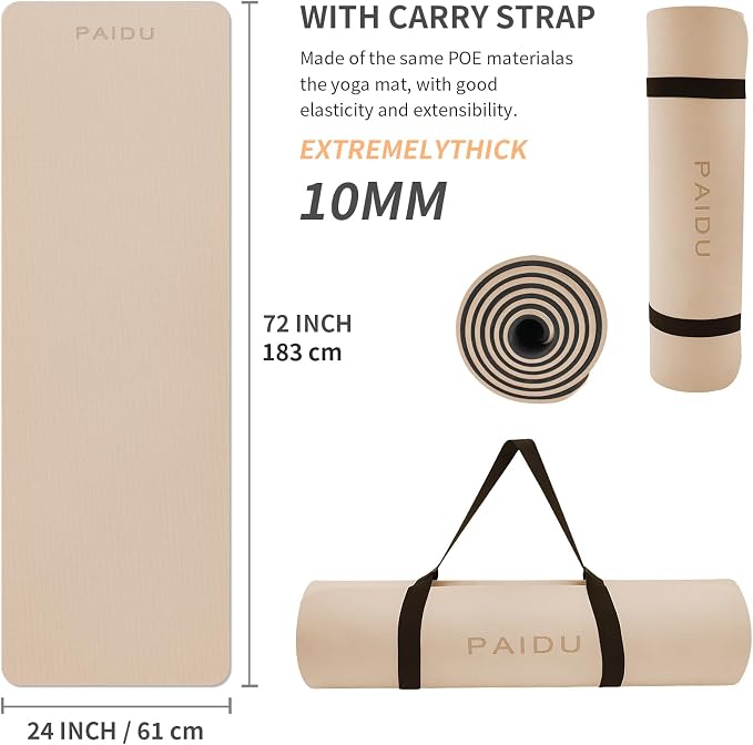 PAIDU Yoga Mat Non Slip Anti-tear,extra thick-2/5 inch（10MM）High Resiliency Professional POE Yoga Mats for Women Men Kids,72"x24"inch,Workout, Yoga, Pilates and Floor Exercise, with Carrier Strap
