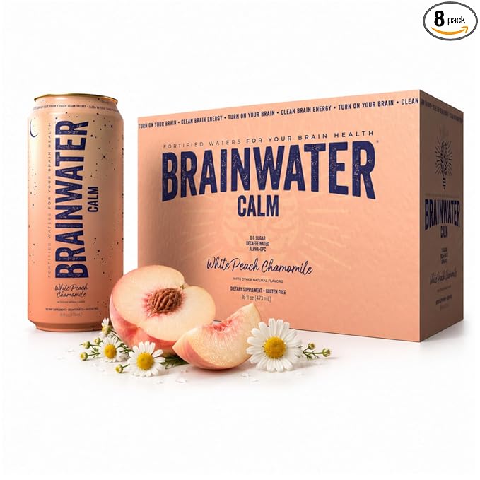 BrainJuice BrainWater Calm, Water for Clean Energy, Focus & Relaxation Support, Gluten Free, Zero Sugar Drinks with Ashwagandha, Alpha GPC, Vitamin C & B, Organic Green Tea, 8 Pack (Peach Chamomile)