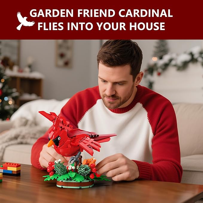 Northern Cardinal Building Block Set, Male Northern Cardinal Fly in Winterberry Plant Bush, Red Bird Figurine, Ideal for Home and Office Décor, Christmas Toy Gift for Kids, Adults