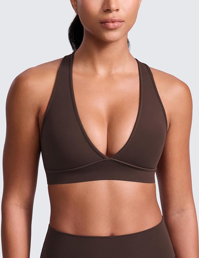 CRZ YOGA Butterlift Deep V Neck Sports Bras for Women - Padded Gym Wide Straps Cut-Out Cross Back Crop Pilates Workout Top