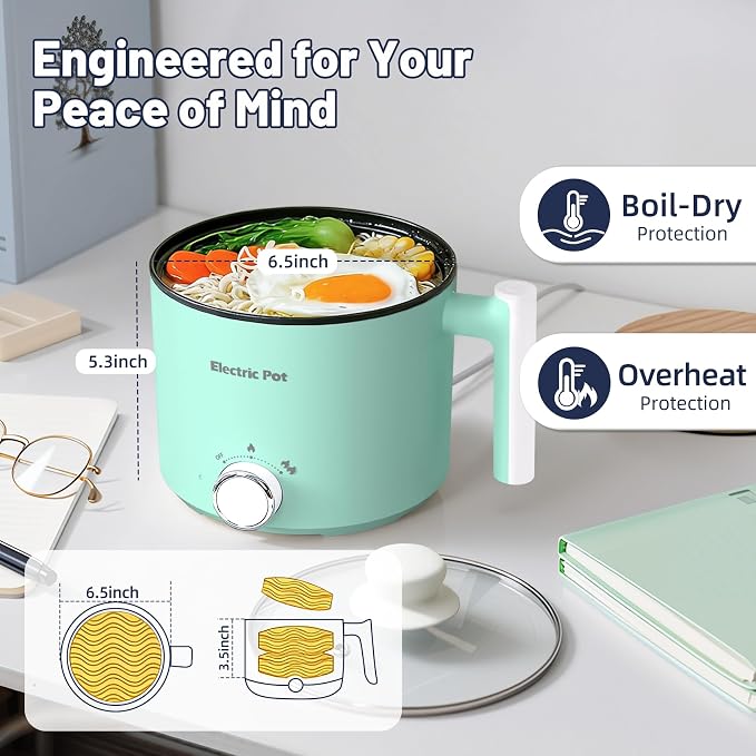 Electric Hot Pot 1.5L Nonstick Ramen Cooker for One-Person | Dual Power Setting for Hot Pot, Pasta/Soup/Oatmeal/Egg, Portable for Dorm/Travel, Overheat & Boil-Dry Protection(Green, 1.5L)