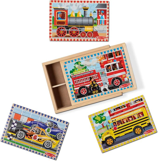Melissa & Doug 4‑in‑1 Wooden Vehicle Jigsaw Puzzle Set, 48 Pieces with Storage Box, Toddler Puzzle Toy for Kids Ages 3+- FSC Certified