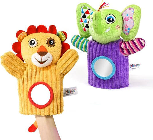 Jollybaby Hand Puppets Baby Toy 0-6-12 Months, Plush Stuffed Animal Hand Puppets Toys for Kids，Sensory Doll with Rattle and Mirror for Toddler，Social Emotional Play Therapy Toys for Boy Girl Gift
