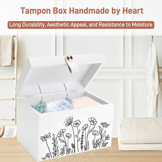 100% Solid Wood Tampon Holder Box with Lid, Copper Leather Pull, Absolute Real Wood Bathroom Decorative Box for Feminine Product Storage and Accessories such as Tampons, Cotton Balls, Gifts for Women
