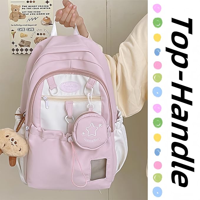 Kawaii Backpack Double Shoulder Bag with Cute Star Removable Pouch Small Clear Front Pocket Large Capacity Fits 16" Laptop Dopamine Colors Daypack (Pink)