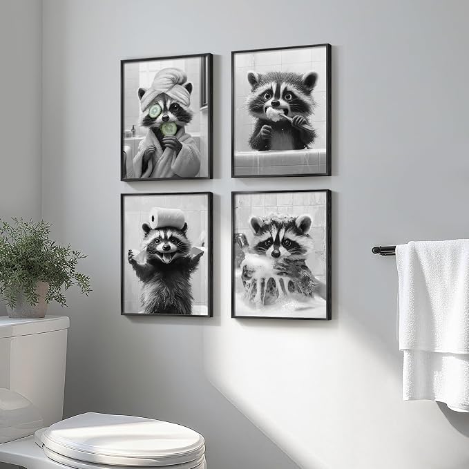 Framed Funny Bathroom Wall Art, 4 Piece Black and White Raccoon Prints, Cute Animal Toilet Canvas Artwork for Restroom Bathroom Home Decor, 11x14 Inch