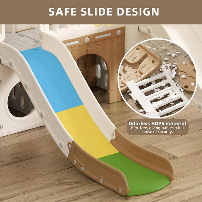 YUFU 9 in 1 Toddler Slide, Kids Slide Playset with Double Slide, Climber, Basketball Hoop, Tunnel and Storage Space, Indoor Outdoor Playground for Toddlers Age 1-3 (Brown)