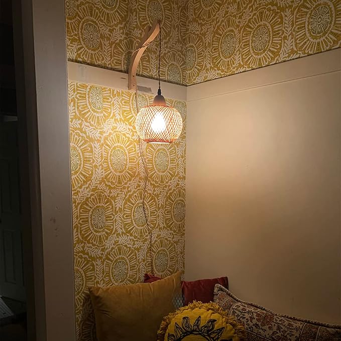 Frideko Bamboo Lantern Plug in Wall Sconces Wicker Wall Lamp with Plug in Cord Hand Woven Rattan Wall Light Farmhouse Rustic Wall Sconces Boho Sconces Wall Lighting for Living Room Bedroom
